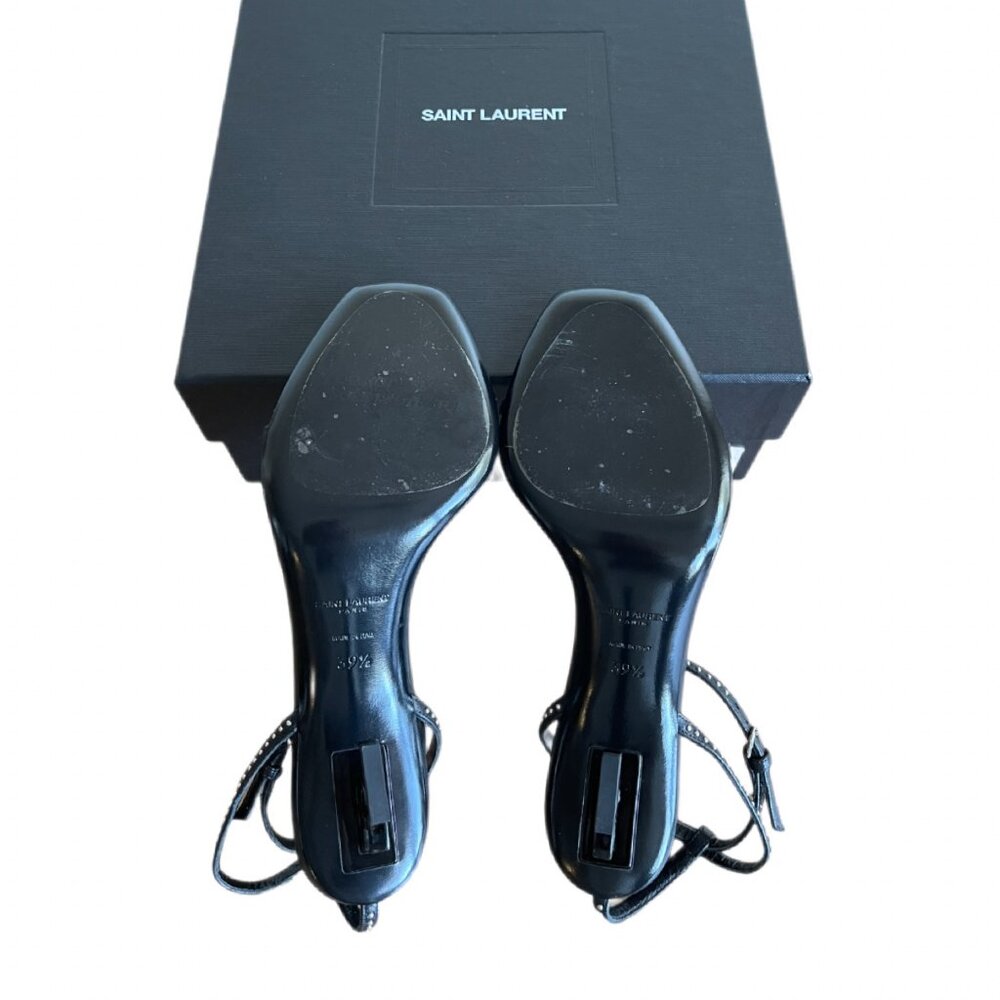 Saint Laurent Opyum 85 YSL Logo Open-Toe Heels Black Leather Tiny Studs SZ 39.5 - Picture 5 of 16